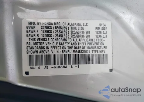 2004 Honda Odyssey Ex-L z USA, uszkodzony, nr VIN 5FNRL18964B121601